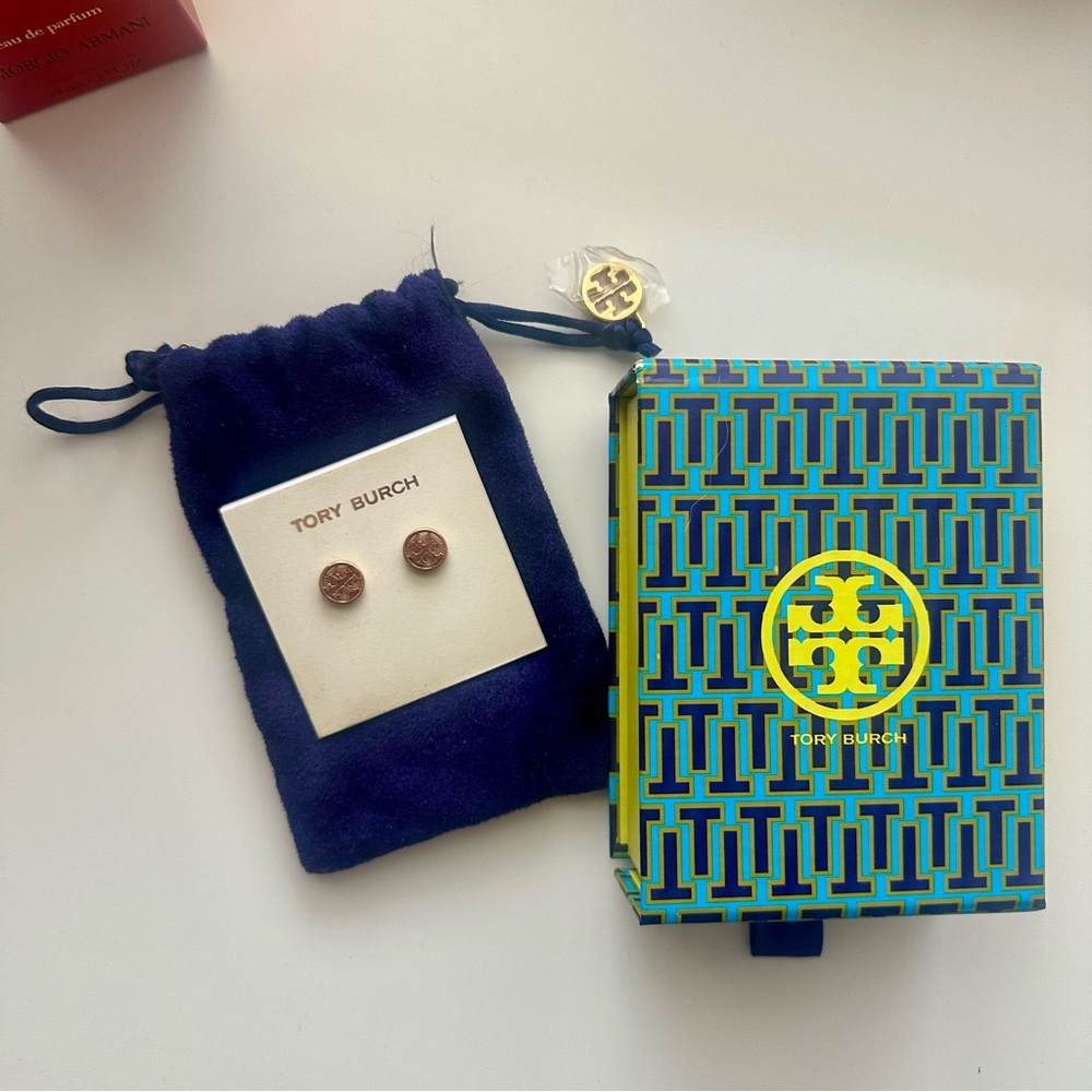 Tory Burch Gold Logo Stud Earrings with Blue Pouch